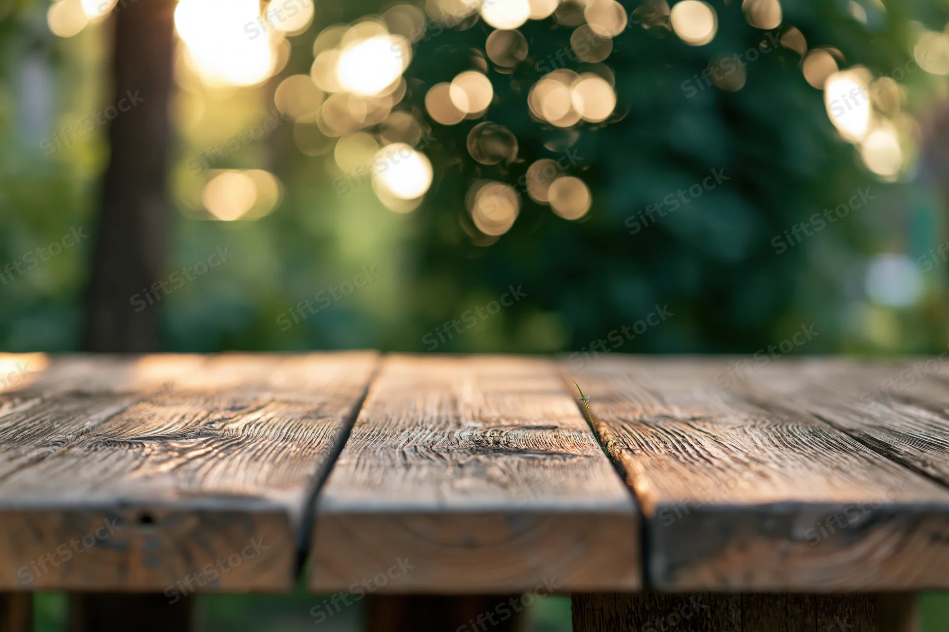 Weathered wooden table surface in a garden with blurred greenery and bokeh lights in the background