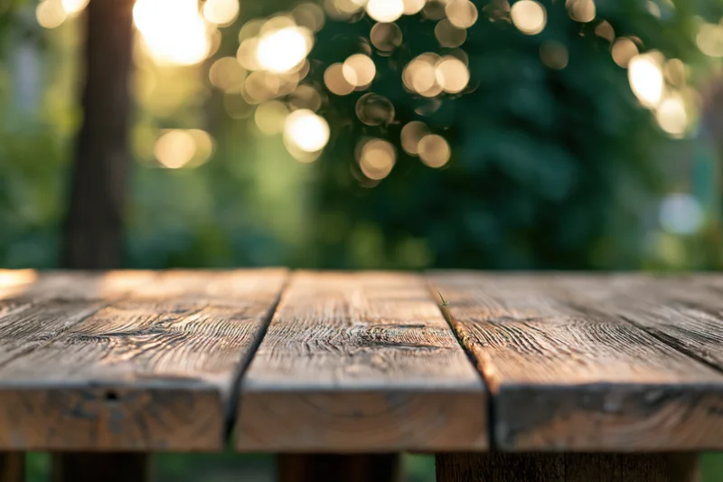 Weathered wooden table surface in a garden with blurred greenery and bokeh lights in the background