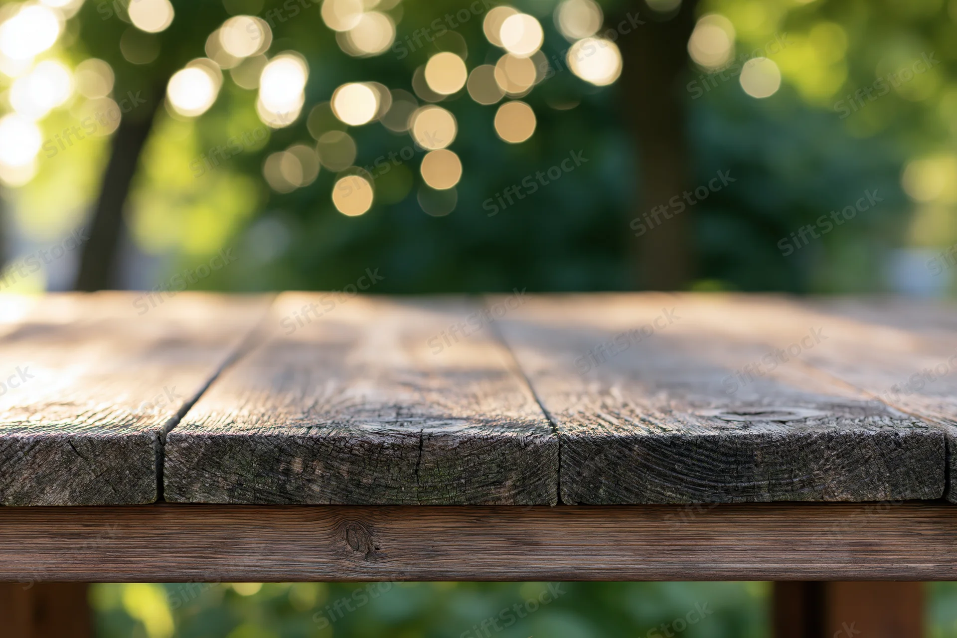 Weathered wooden table surface in a sunlit garden with blurred green foliage behind