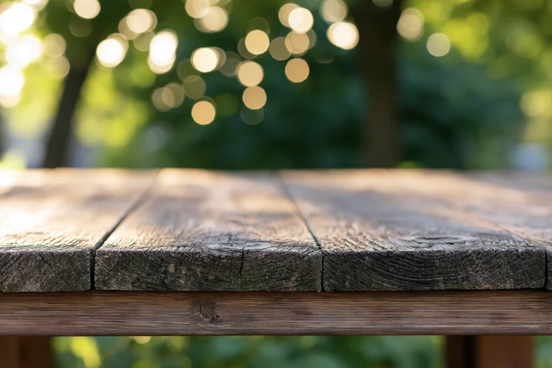 Weathered wooden table surface in a sunlit garden with blurred green foliage behind