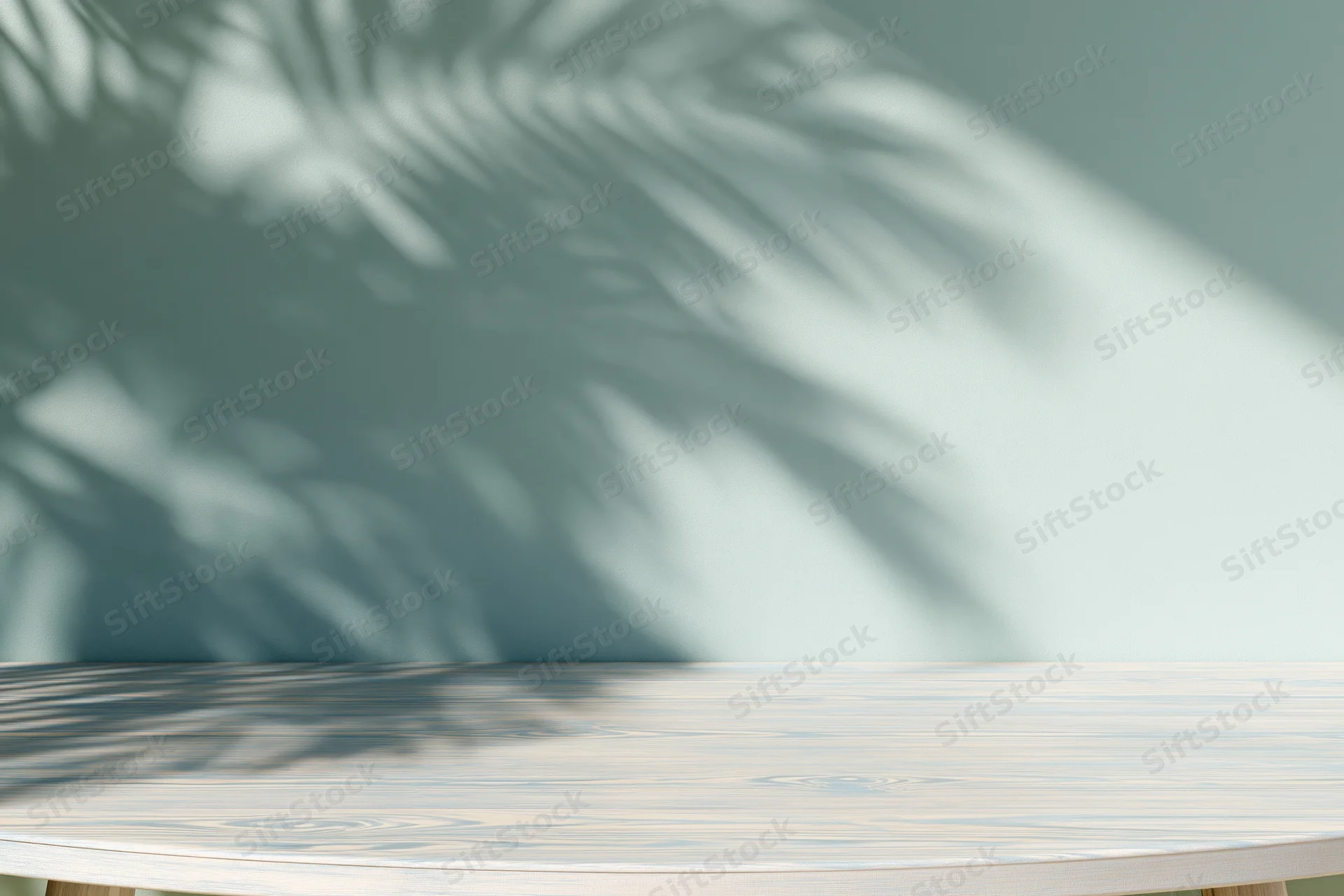 White-washed wooden tabletop with palm leaf shadows against a soft blue wall, copyspace for product display