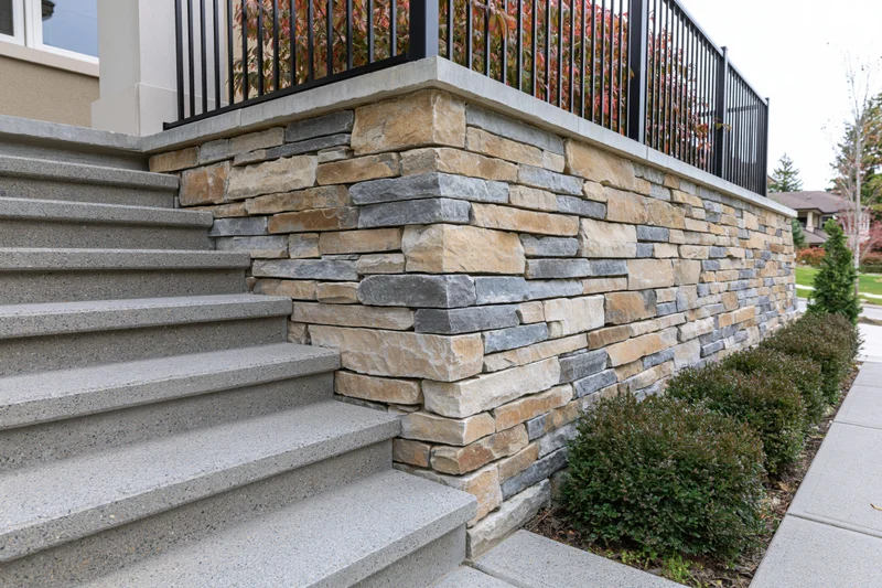 Stone retaining wall beside concrete steps at a residential home entrance
