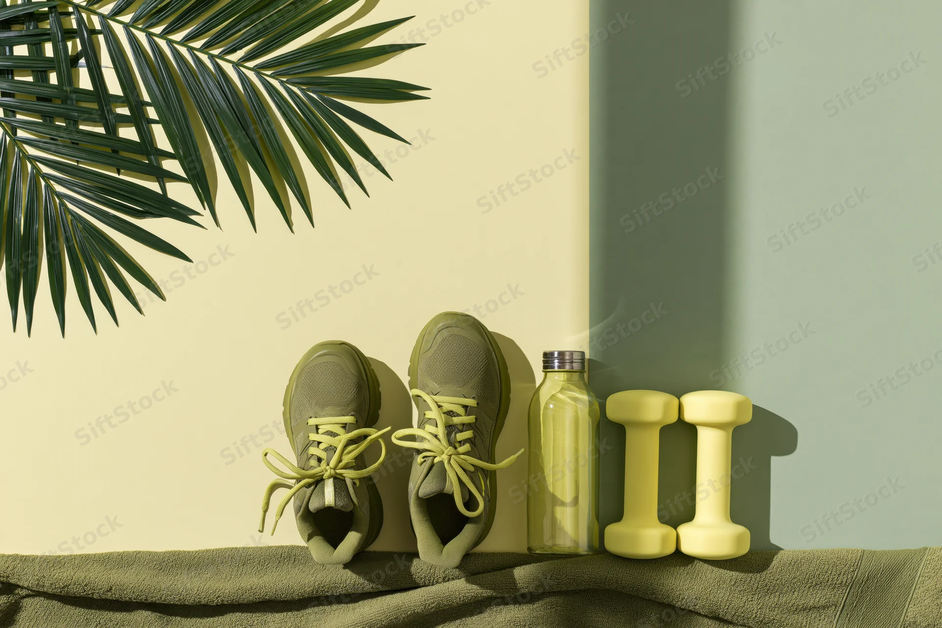 Olive green running sneakers and yellow dumbbells arranged on a towel beside a palm leaf in a flat lay composition