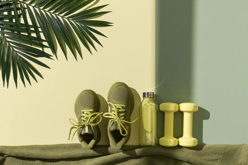 Olive green running sneakers and yellow dumbbells arranged on a towel beside a palm leaf in a flat lay composition