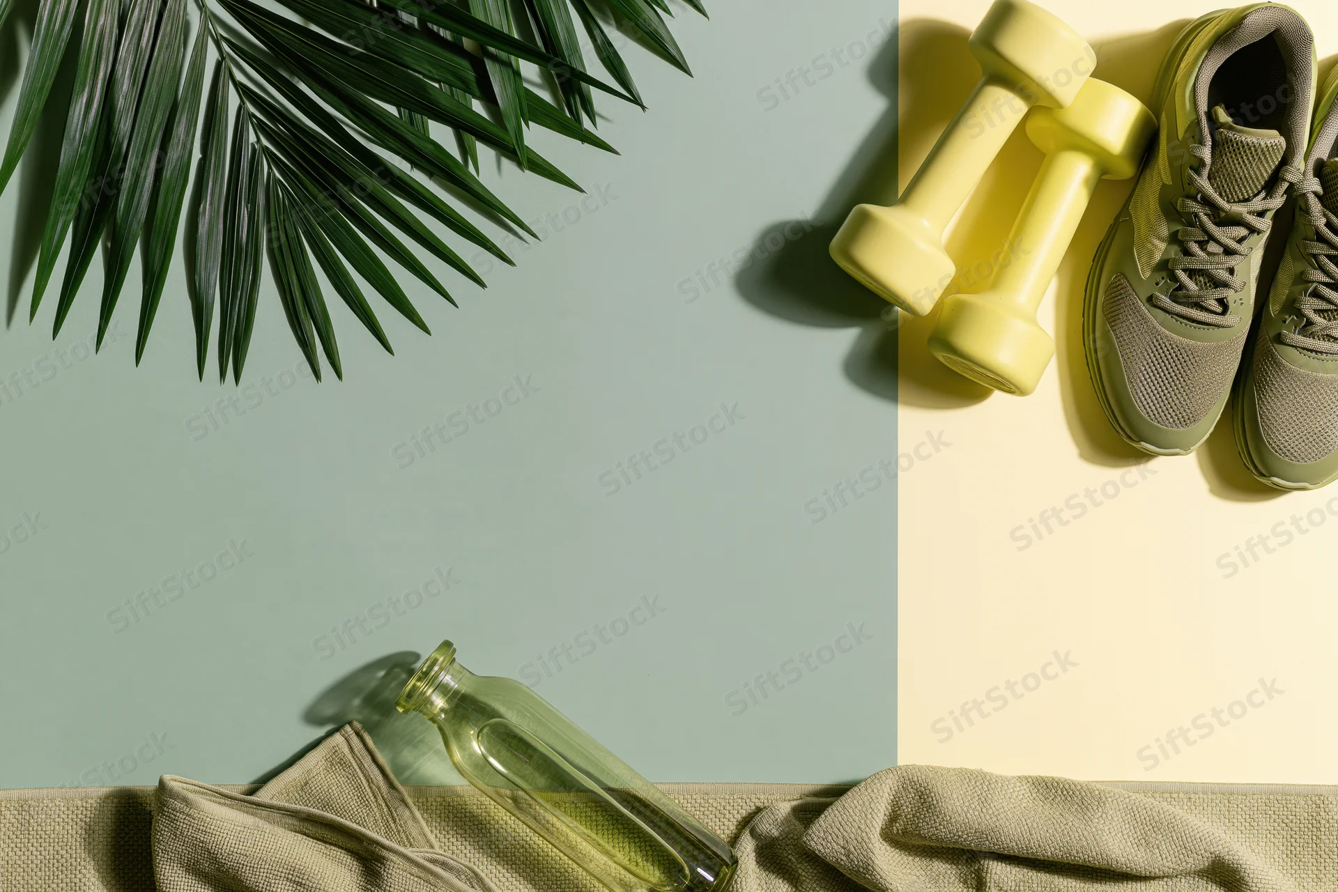 Olive green running sneakers and yellow dumbbells arranged with palm leaves and a glass bottle on a two-tone surface