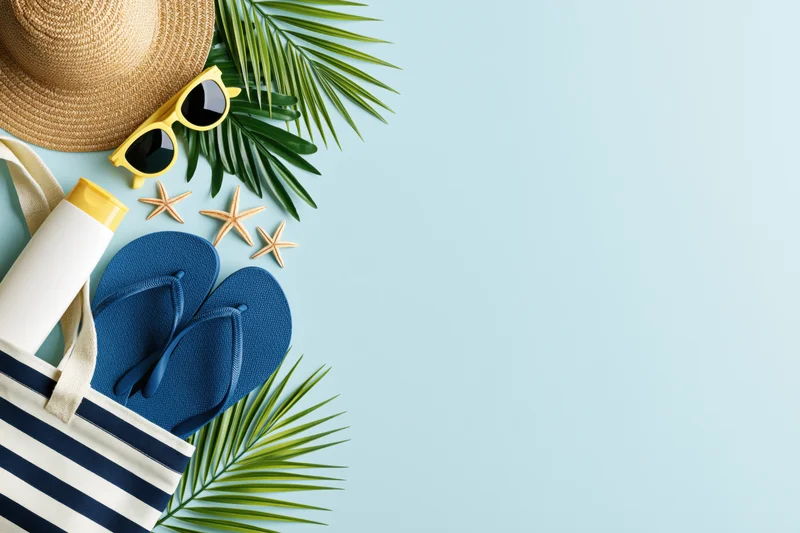 Summer beach accessories arranged in flat lay on light blue background with copyspace