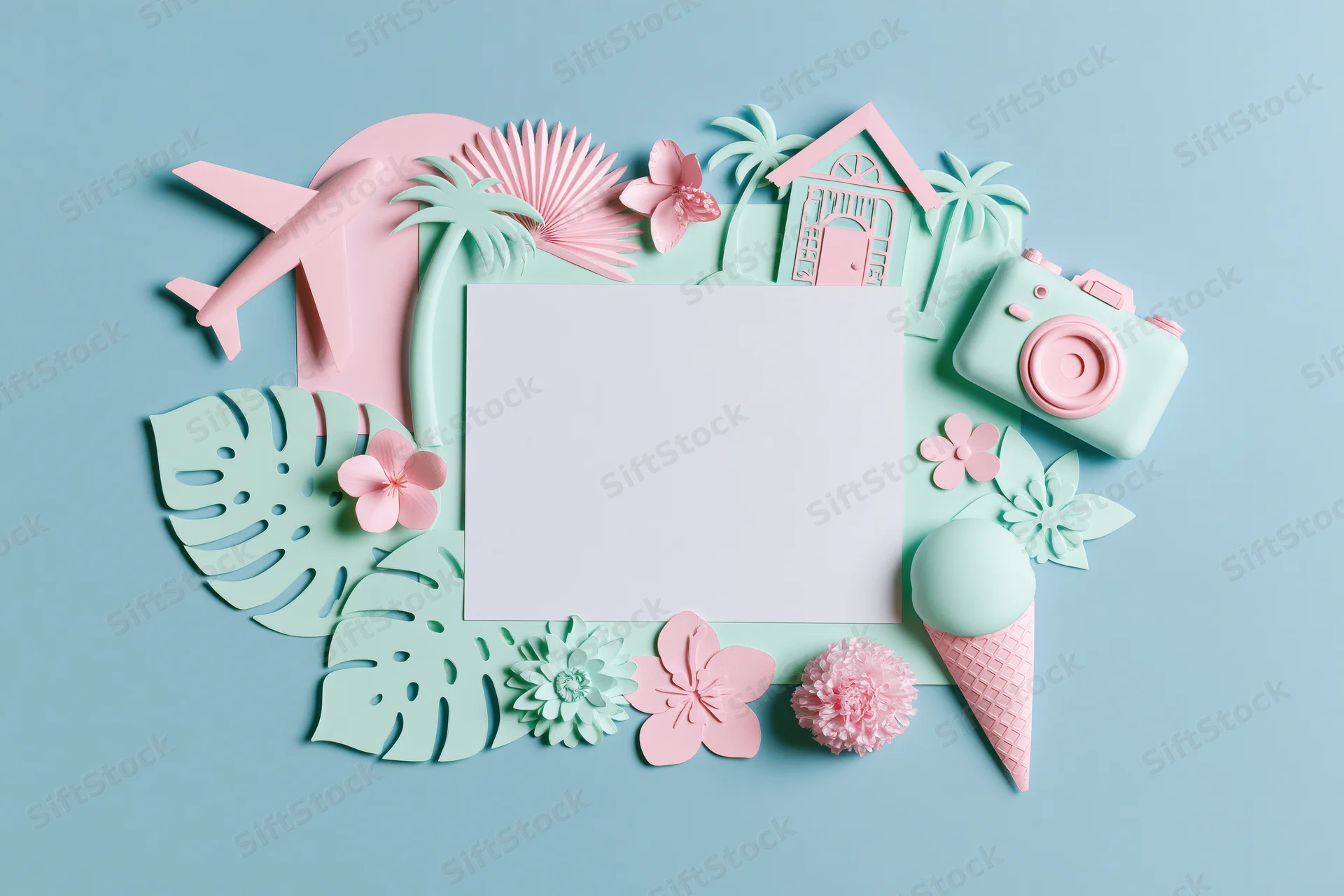 Flat lay arrangement of pastel paper cutouts including airplane, camera, ice cream, flowers and palm leaves around a blank card on a light blue background