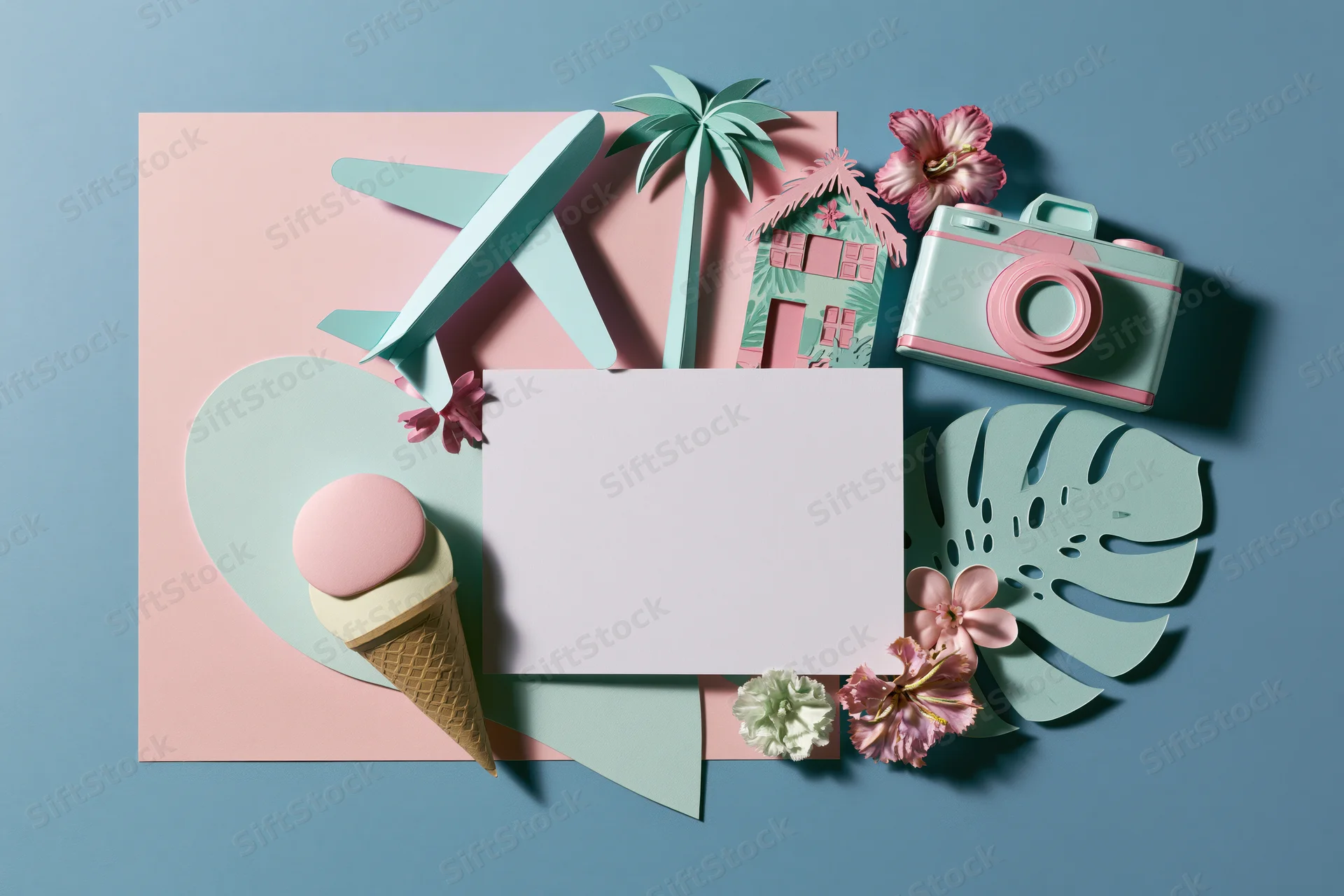 Flat lay arrangement of paper cutouts including airplane, palm tree, camera, ice cream, flowers, and a blank card on a pastel background