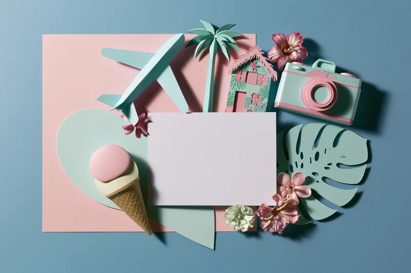 Flat lay arrangement of paper cutouts including airplane, palm tree, camera, ice cream, flowers, and a blank card on a pastel background