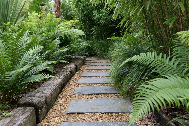 Flat stone stepping path winding through lush tropical garden with ferns and bamboo