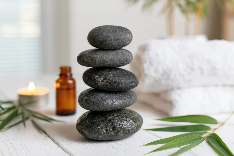 Stacked basalt stones balanced on a white wooden surface with bamboo leaves, a lit candle, and an amber bottle nearby