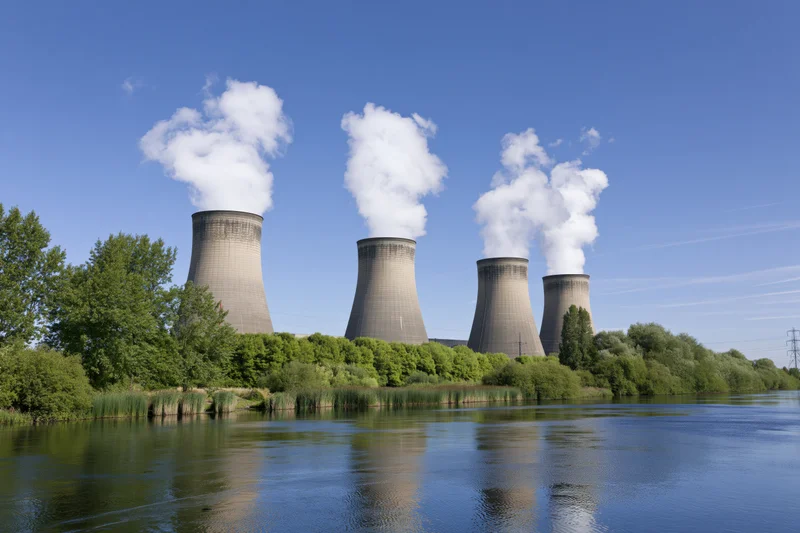 Four large concrete cooling towers releasing white steam plumes beside a river with trees and blue sky reflection
