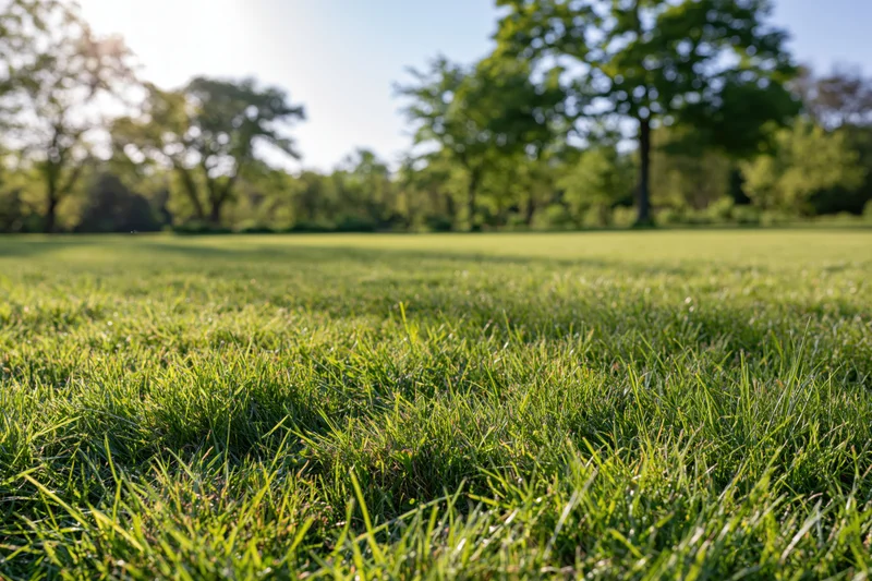 Freshly mowed green lawn stretching toward a sunlit park clearing