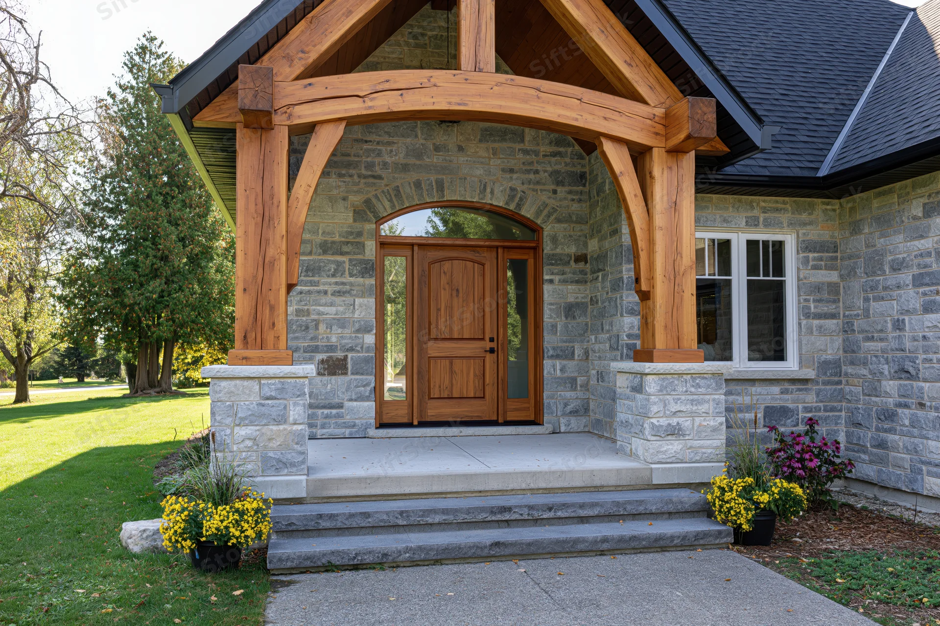 Craftsman home front entrance with stone facade and wooden porch supported by timber beams and columns, flanked by flower pots on a grassy lawn