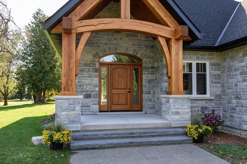 Craftsman home front entrance with stone facade and wooden porch supported by timber beams and columns, flanked by flower pots on a grassy lawn