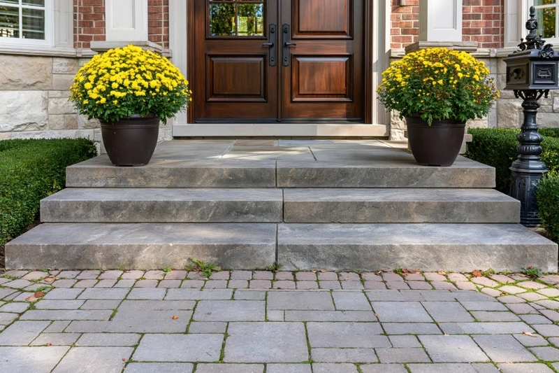 Front entrance of an upscale suburban home with stone steps and potted yellow mums on either side of the door