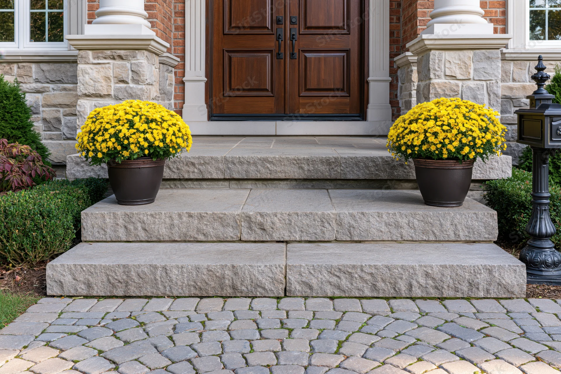 Front entrance of an upscale suburban home with stone steps, potted yellow mums, and a brick facade