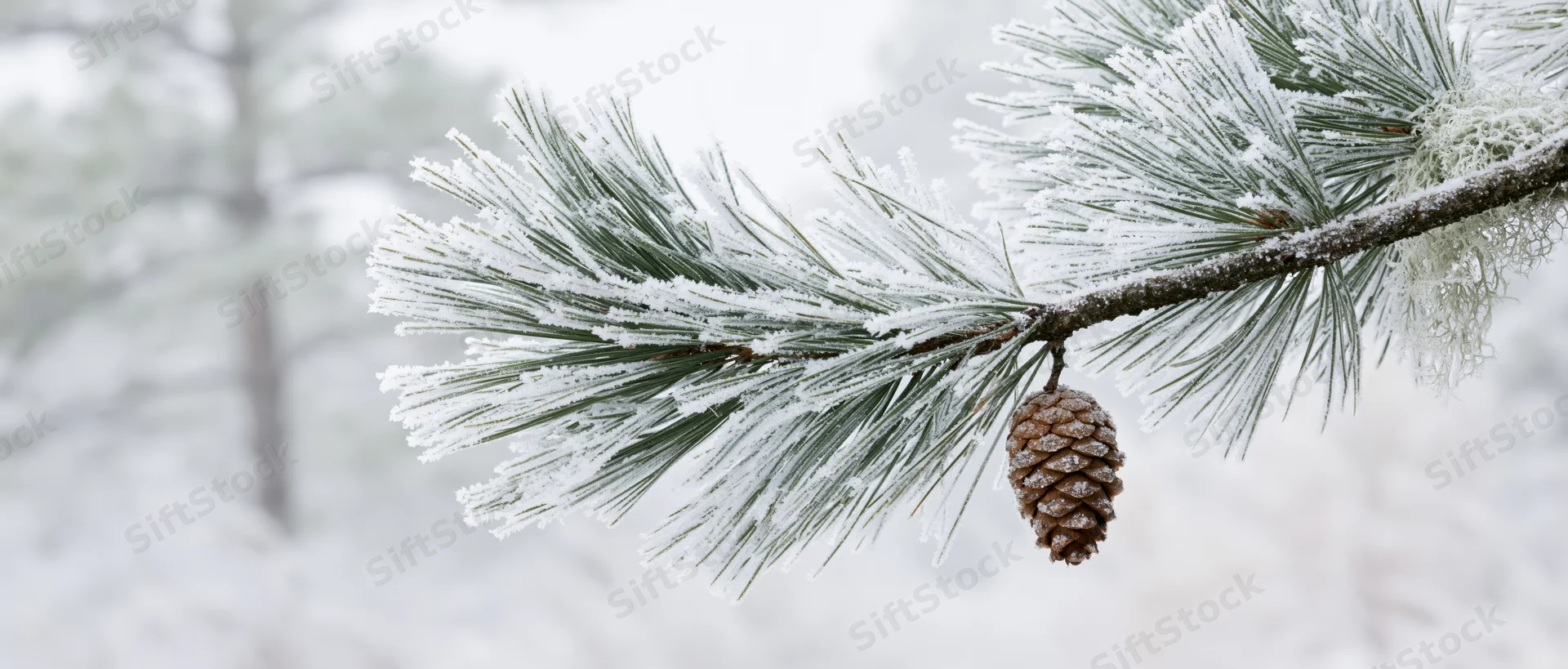 Frost-covered pine branch with a small pinecone hanging in a snowy forest setting