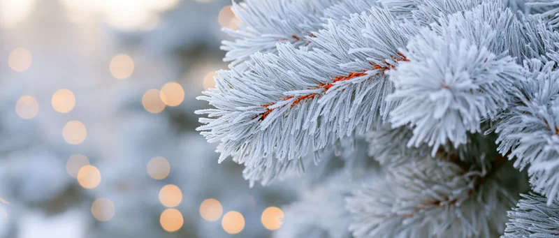 Frost-covered pine branch with blurred holiday lights in background