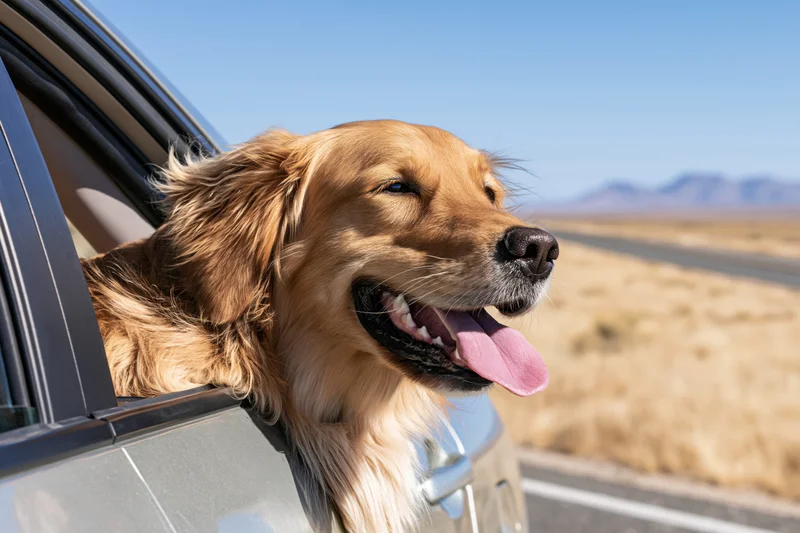 Golden retriever with head out of car window on a desert road trip
