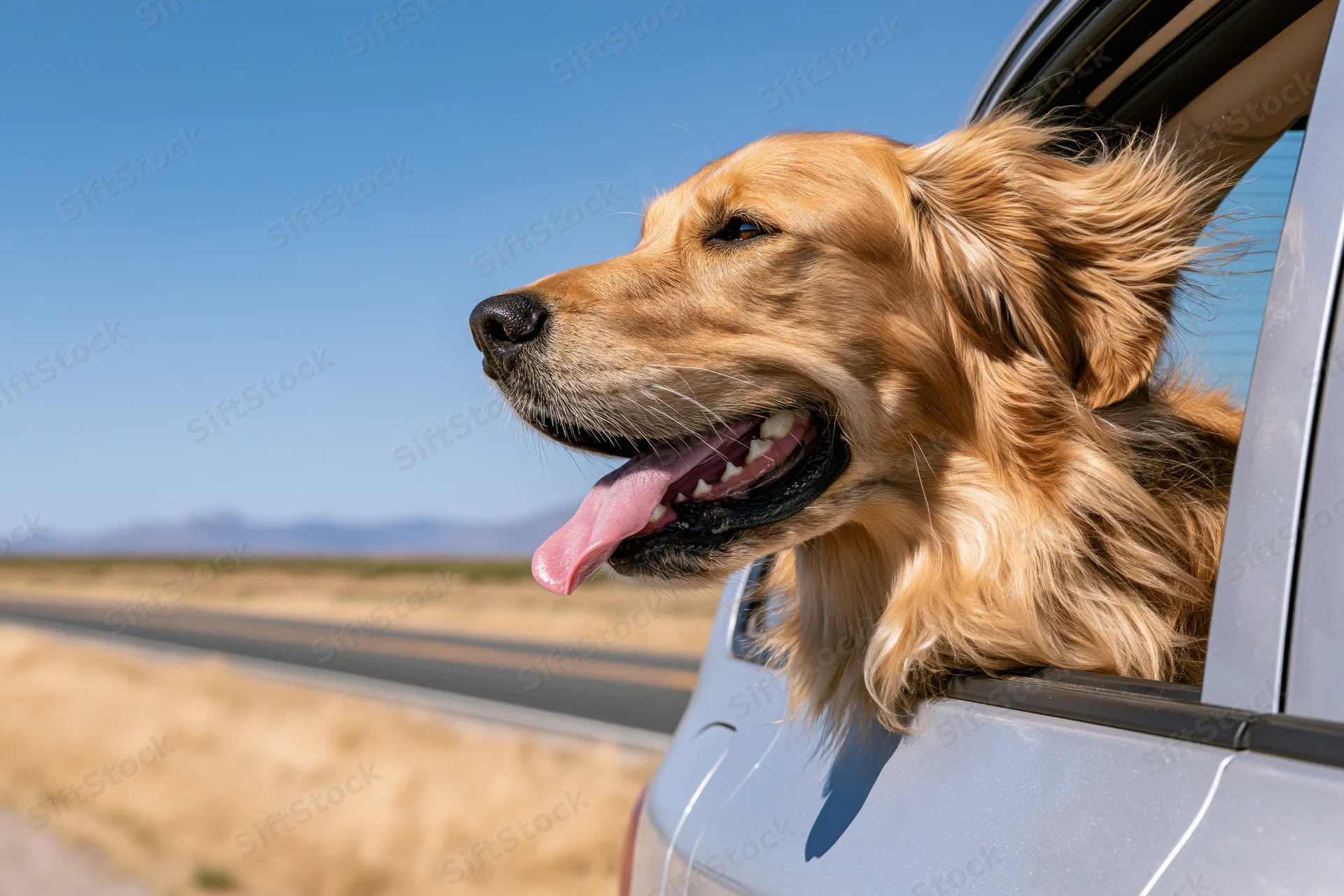 Golden retriever with head out of car window on a moving road trip