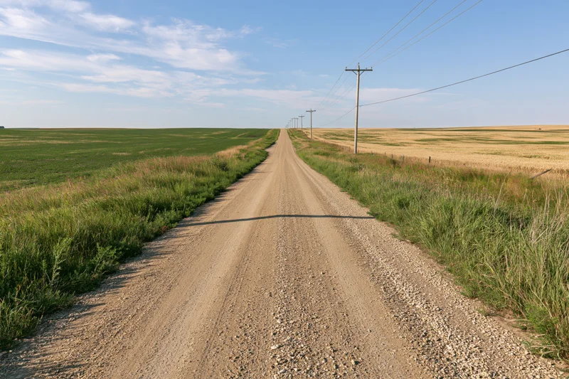 Straight gravel road stretching to the horizon between green and golden fields under a blue sky with scattered clouds