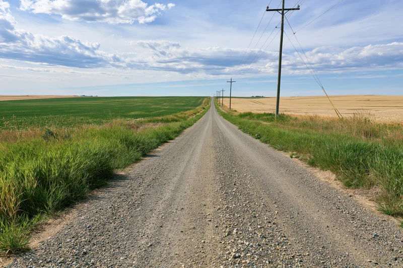 Gravel road stretching straight to the horizon between green and golden fields under a blue sky with clouds