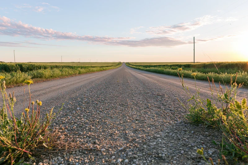 Gravel road stretching straight to the horizon through rural fields at sunset