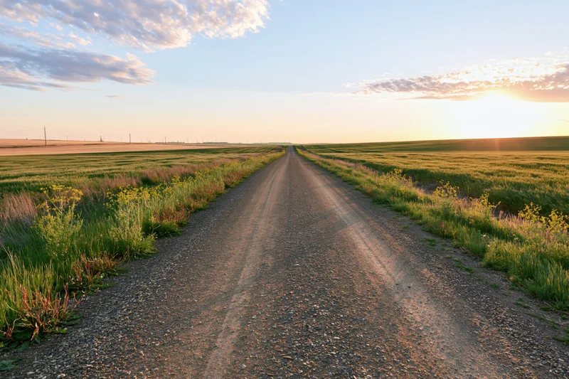 Gravel road stretching straight through grassy fields toward the horizon at sunset