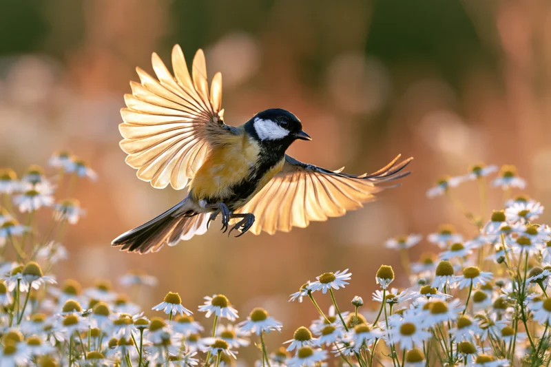 Great tit in mid-flight with wings fully spread hovering above white daisies in a sunlit field