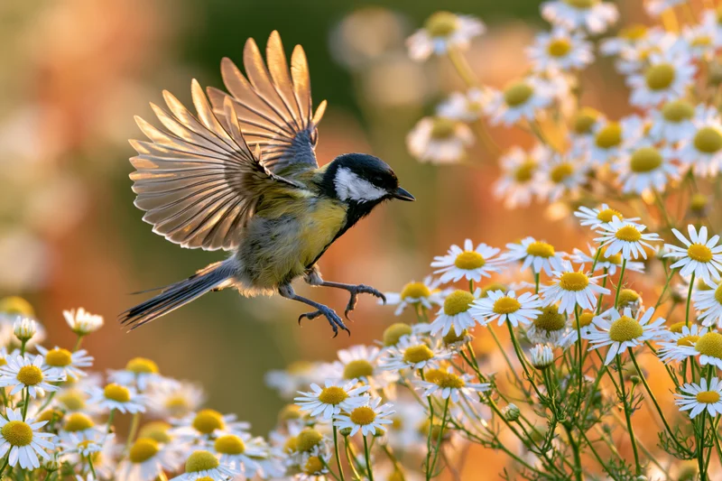 Great tit in mid-flight with wings spread hovering above daisies in a sunlit garden