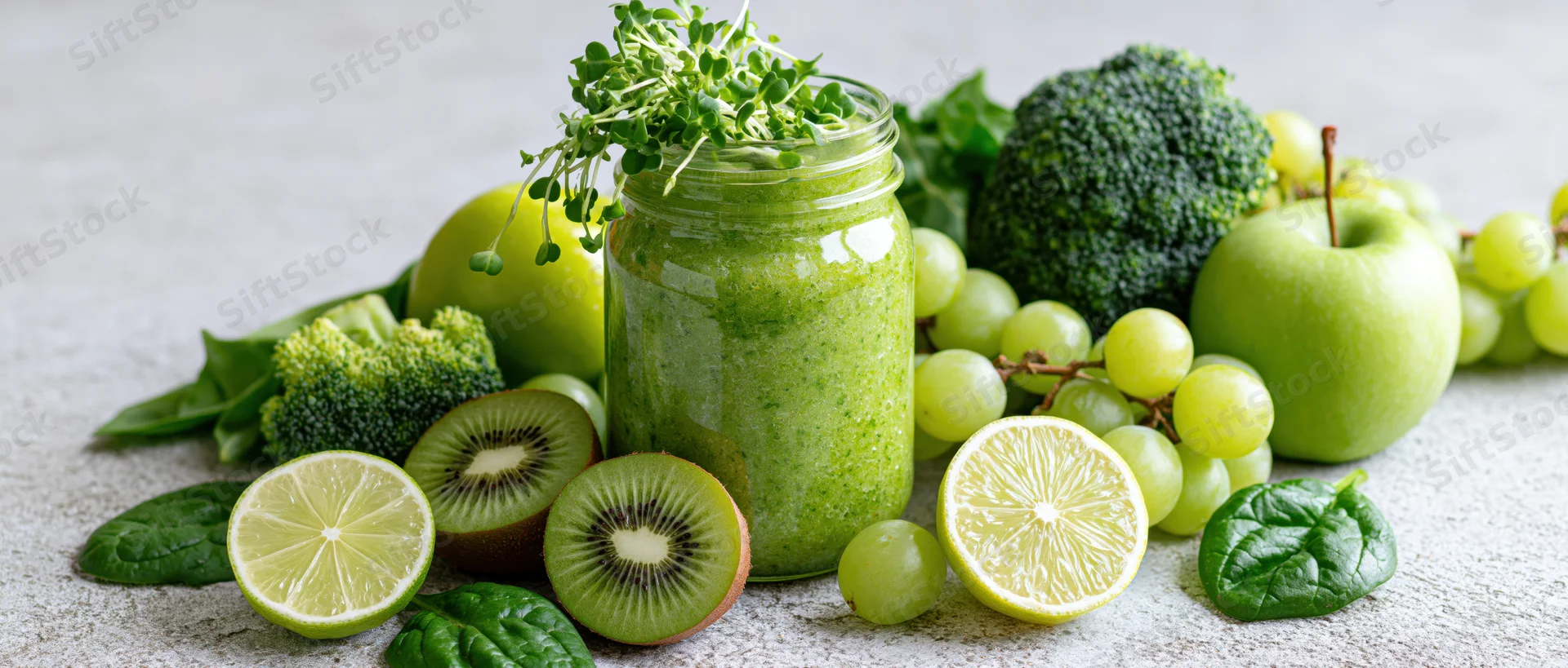 Green smoothie in a glass mason jar garnished with microgreens surrounded by fresh fruits and vegetables on a countertop