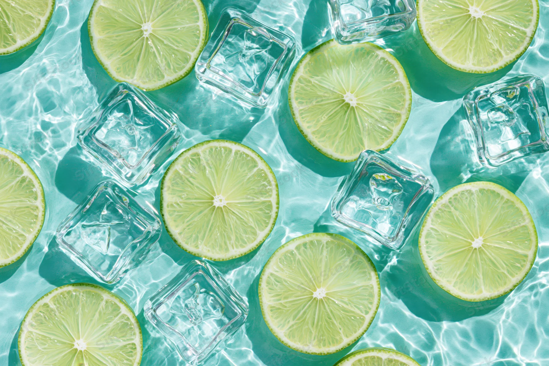 Lime slices and ice cubes floating on turquoise water surface