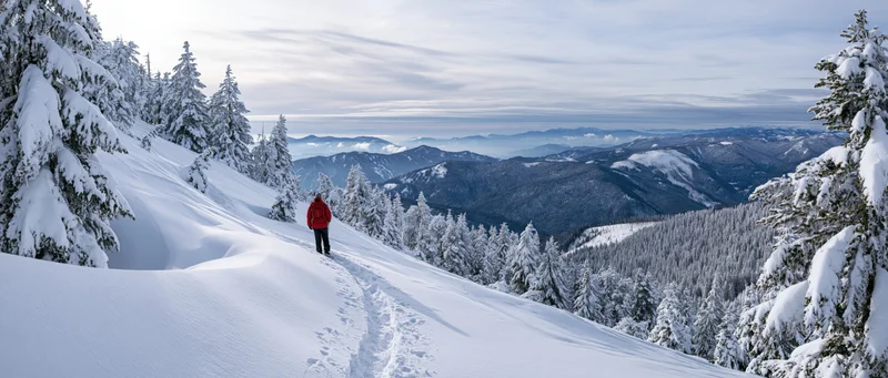 Hiker in red jacket walking along snowy mountain trail surrounded by snow-covered pine trees and distant peaks