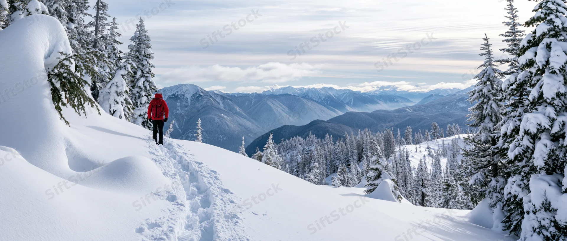 Hiker in red jacket walking along snowy mountain trail surrounded by snow-covered pine trees and distant peaks
