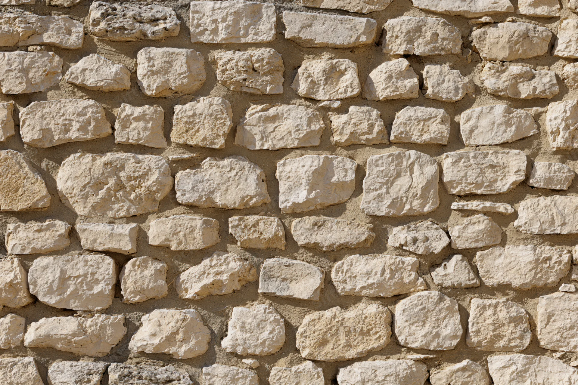 Close-up of a rough-cut limestone rubble wall with irregular stones and mortar joints