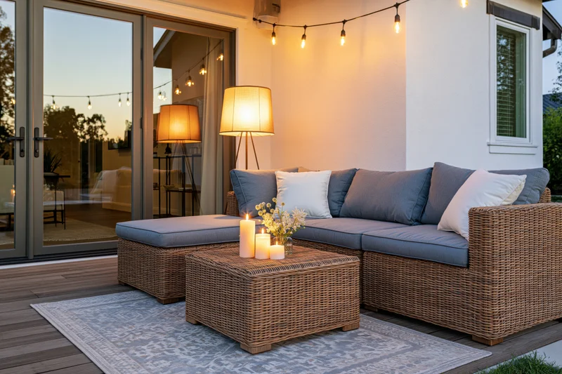 Wicker sectional sofa with cushions and coffee table on a wooden deck at dusk, illuminated by string lights and lamps, with glass doors reflecting the interior
