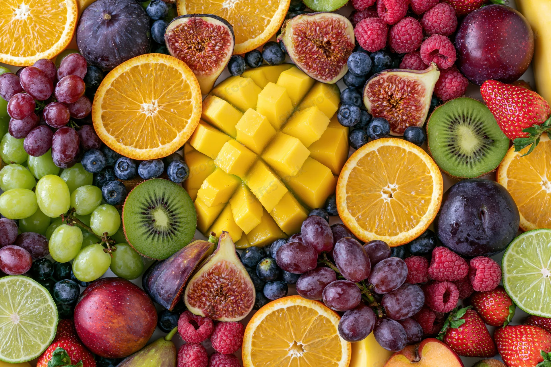 Overhead flat lay of assorted fresh whole and sliced fruits arranged in a dense colorful pattern