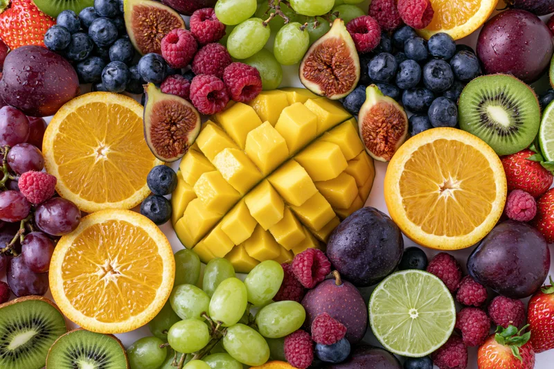 Overhead flat lay of assorted fresh cut and whole fruits arranged densely on white surface