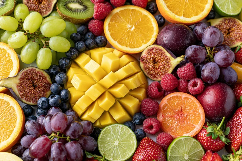 Overhead flat lay of assorted fresh cut and whole fruits arranged densely on a surface
