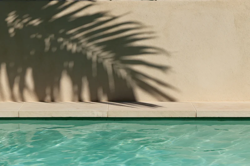 Palm leaf shadow cast across a smooth beige concrete wall beside a turquoise swimming pool