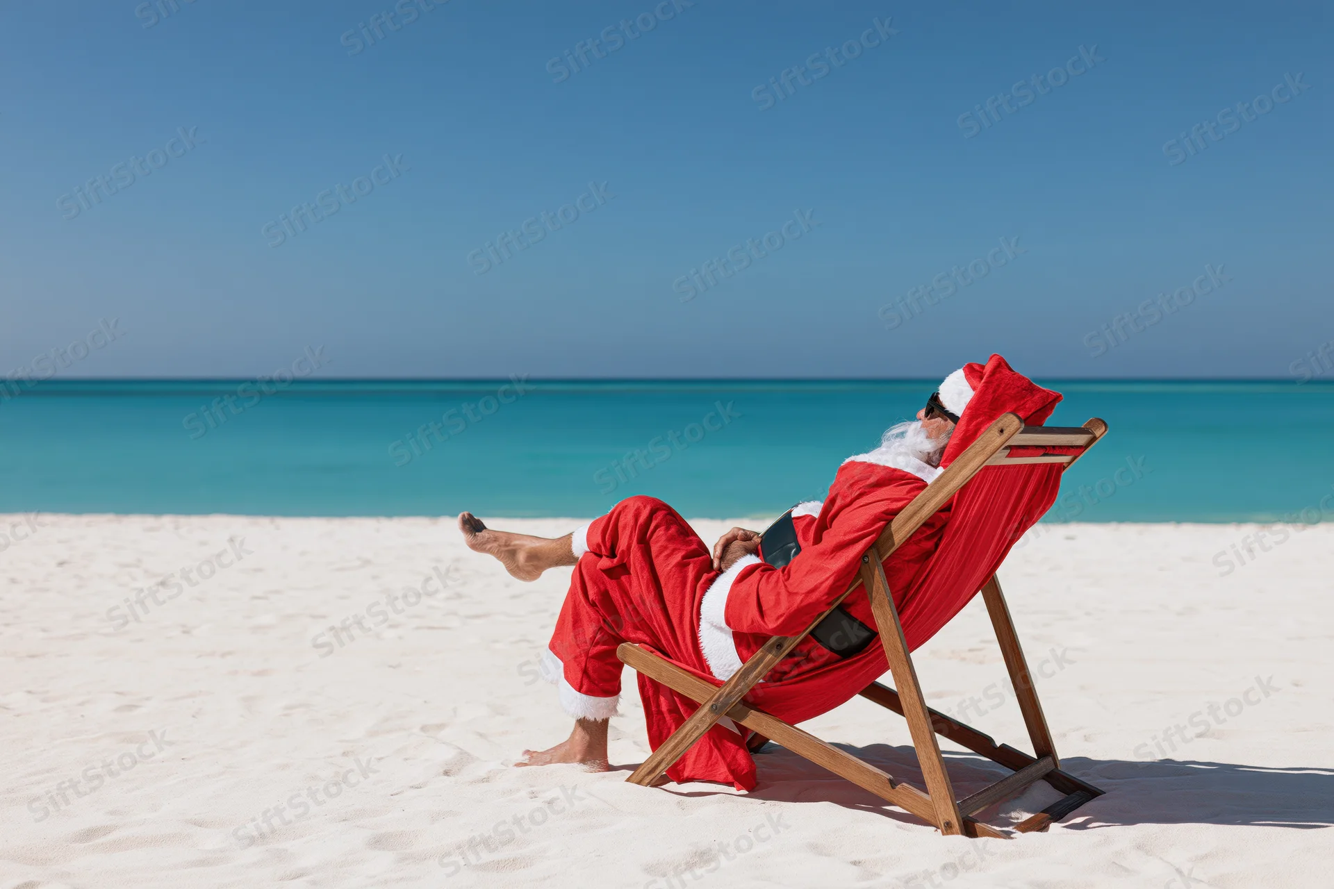 Santa reclining in a deckchair on a white sand beach by turquoise ocean