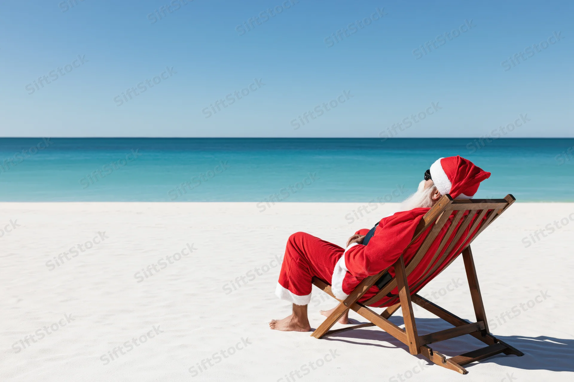 Santa reclining in a deckchair on a white sand beach by the ocean