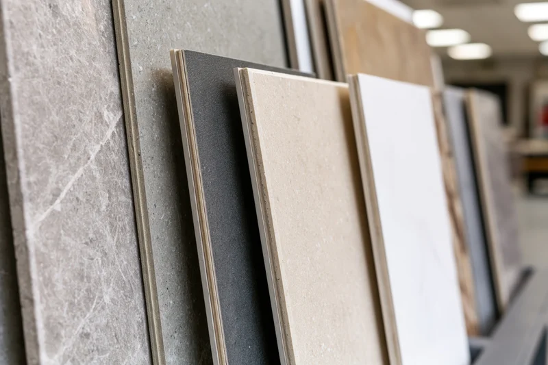Rows of tile and stone samples standing upright in a showroom display