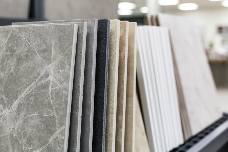 Rows of tile and stone samples standing upright in a showroom display