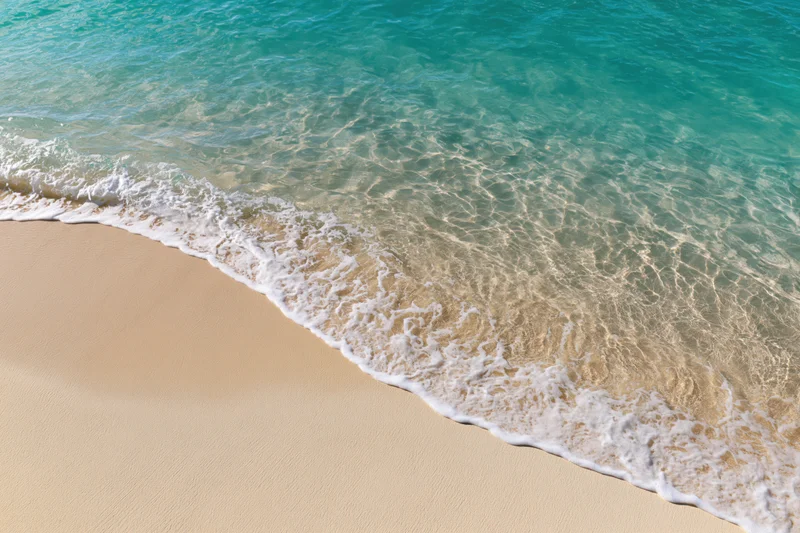 Turquoise ocean wave washing onto pale sandy beach