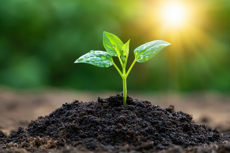 Small green seedling with four leaves and water droplets growing from soil in sunlight