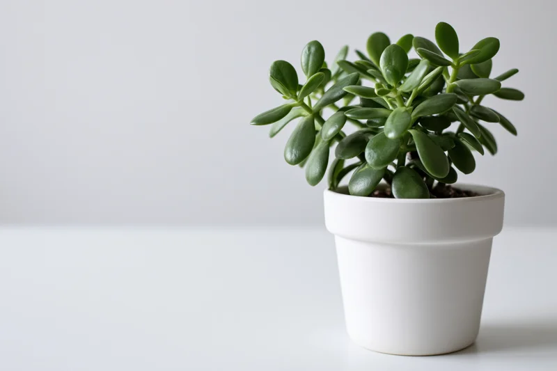 Jade plant in white ceramic pot on white surface