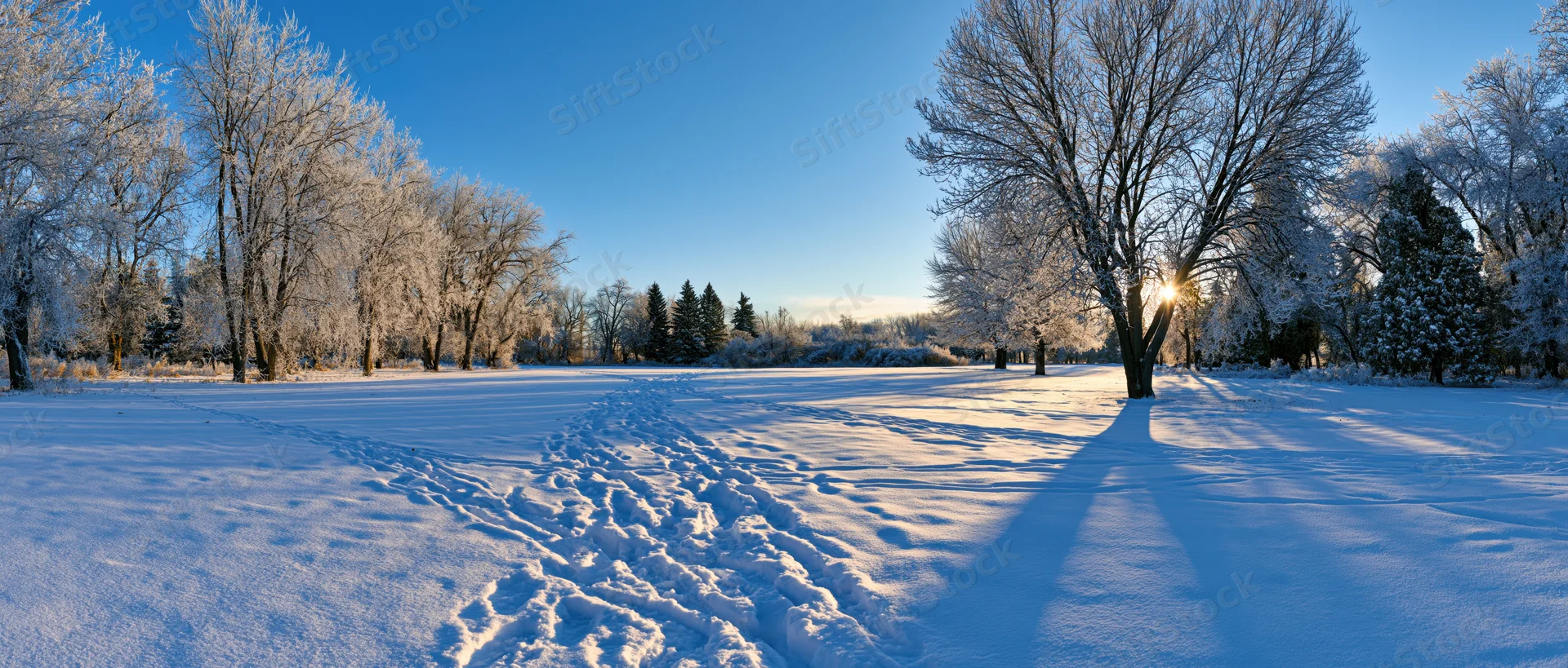 Snow-covered park clearing with frost-laden trees and footprints under morning sunlight