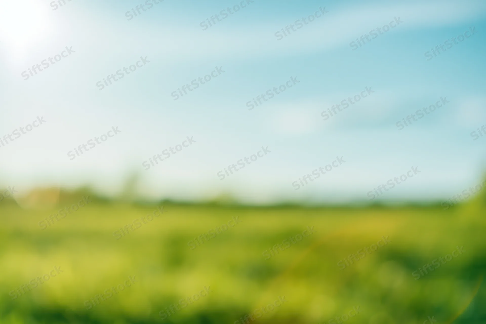 Blurred green field under blue sky with soft sunlight
